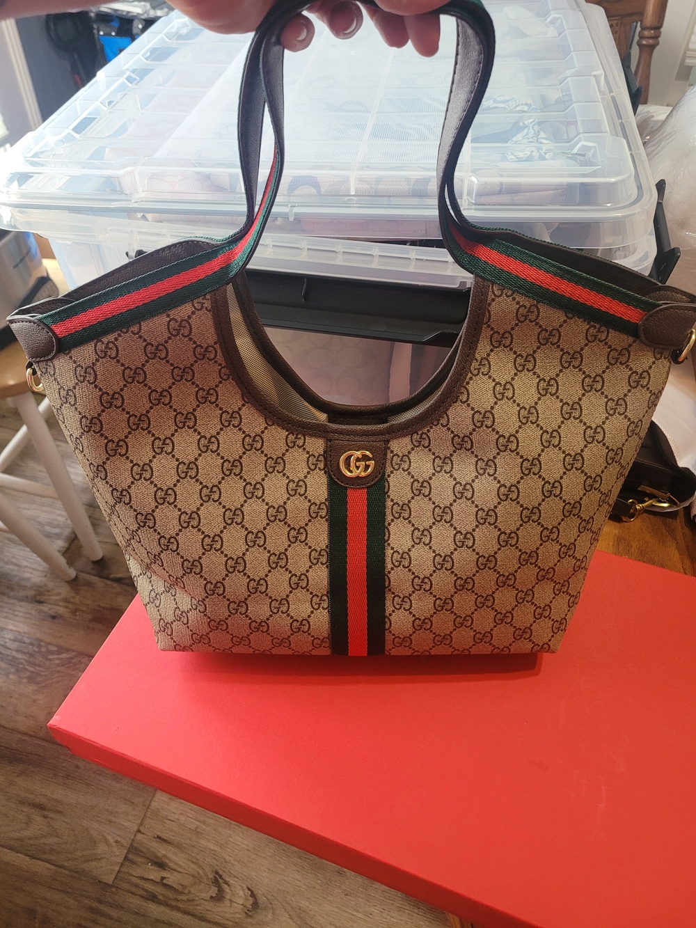Gucci Beige GG Canvas Tote with Green & Red Stripe